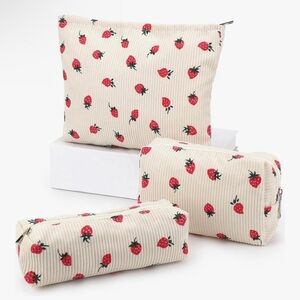 NEW 3pc Strawberry Print Cosmetic Bag Set